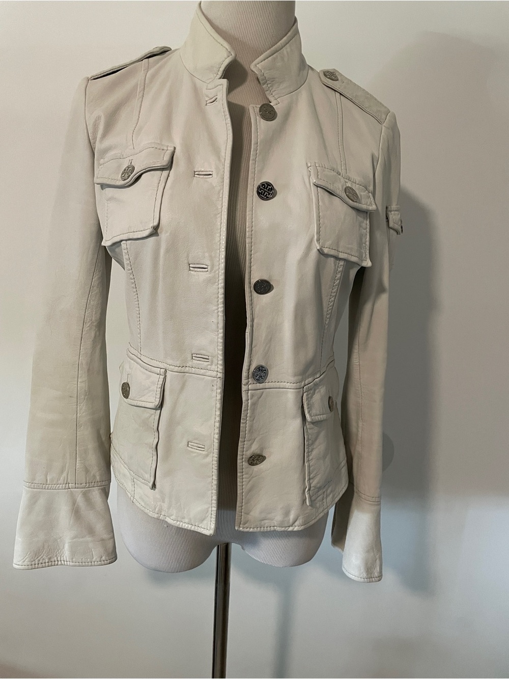 Tory Burch White Military-Style Leather Jacket